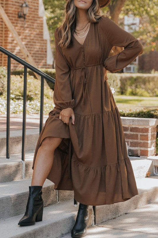 What Wear Dress Maxi Dresses Flat Shoes To Go With Dresses Solid Buttoned V-Neck Long Sleeve Tiered Maxi Dres Chestnut S What Wear Dress Maxi Dresses Flat Shoes To Go With Dresses Solid Buttoned V-Neck Long Sleeve Tiered Maxi Dres Chestnut S