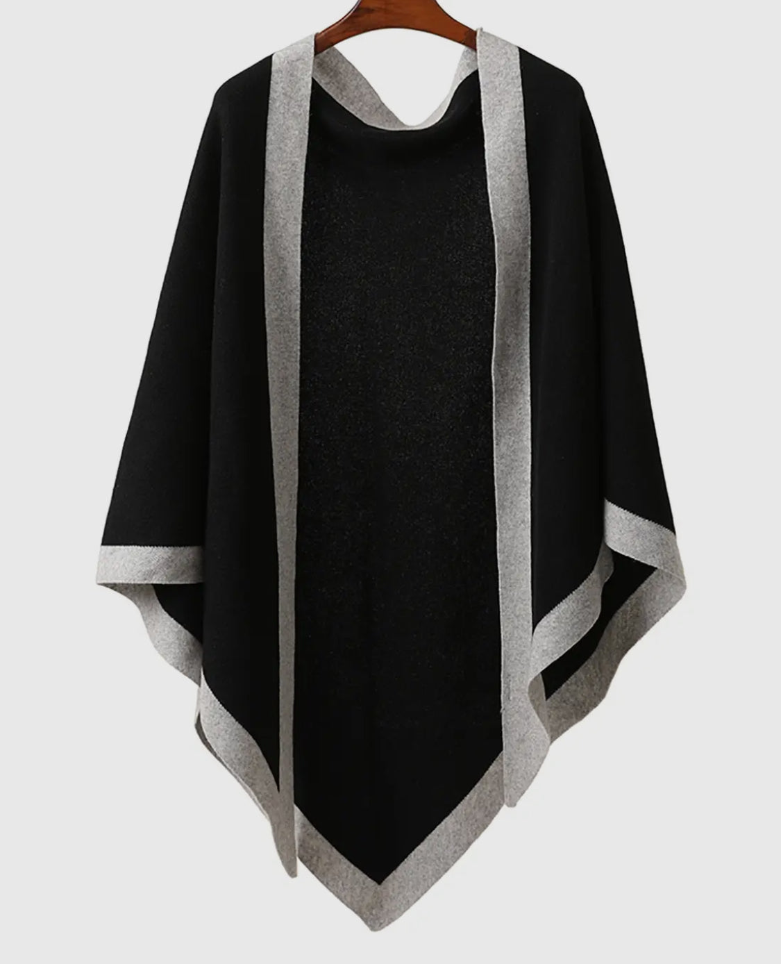 Black shawl with gray trim on a white background