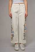 Mid Rise Ivory Denim Embroidered Floral