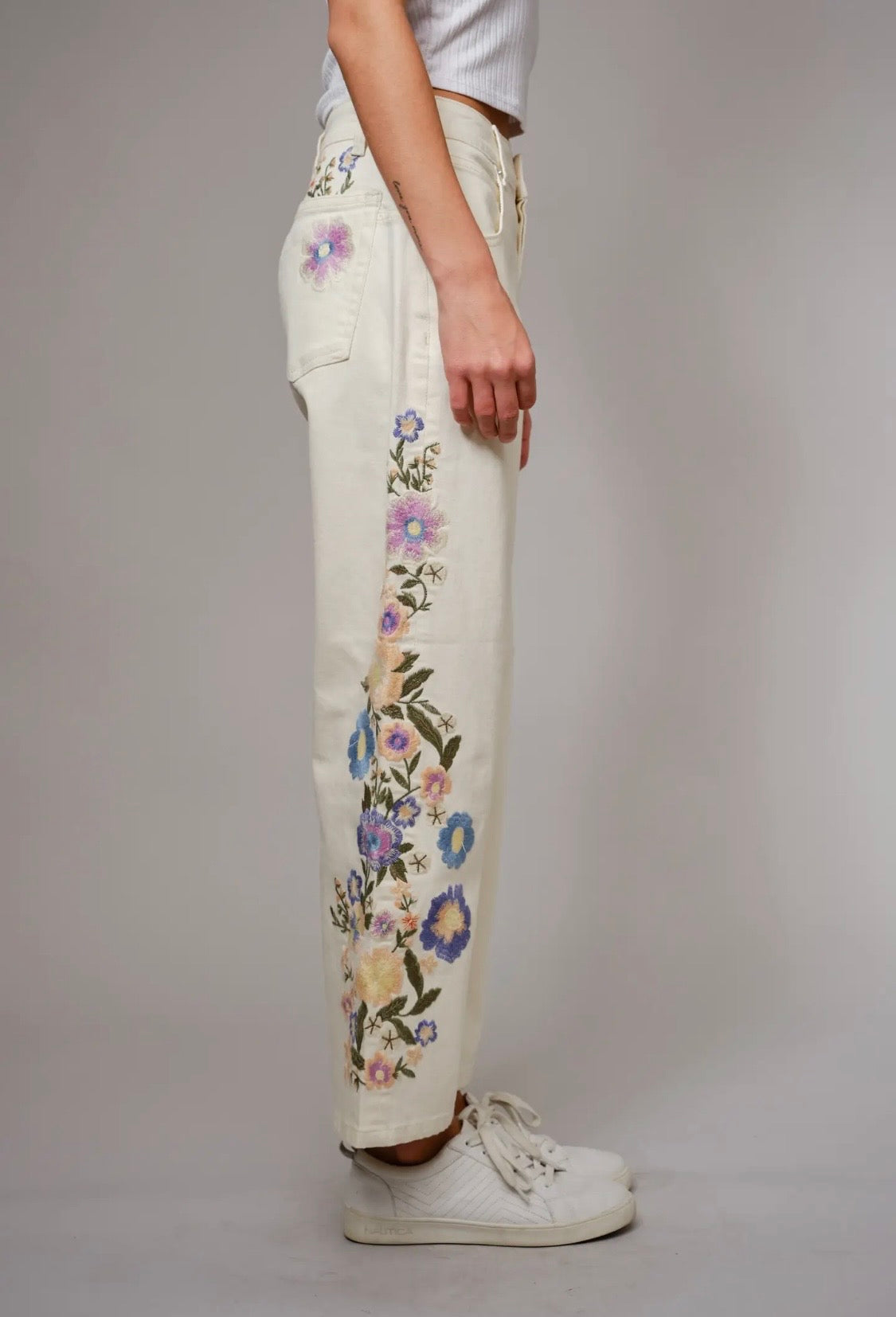 Mid Rise Ivory Denim Embroidered Floral