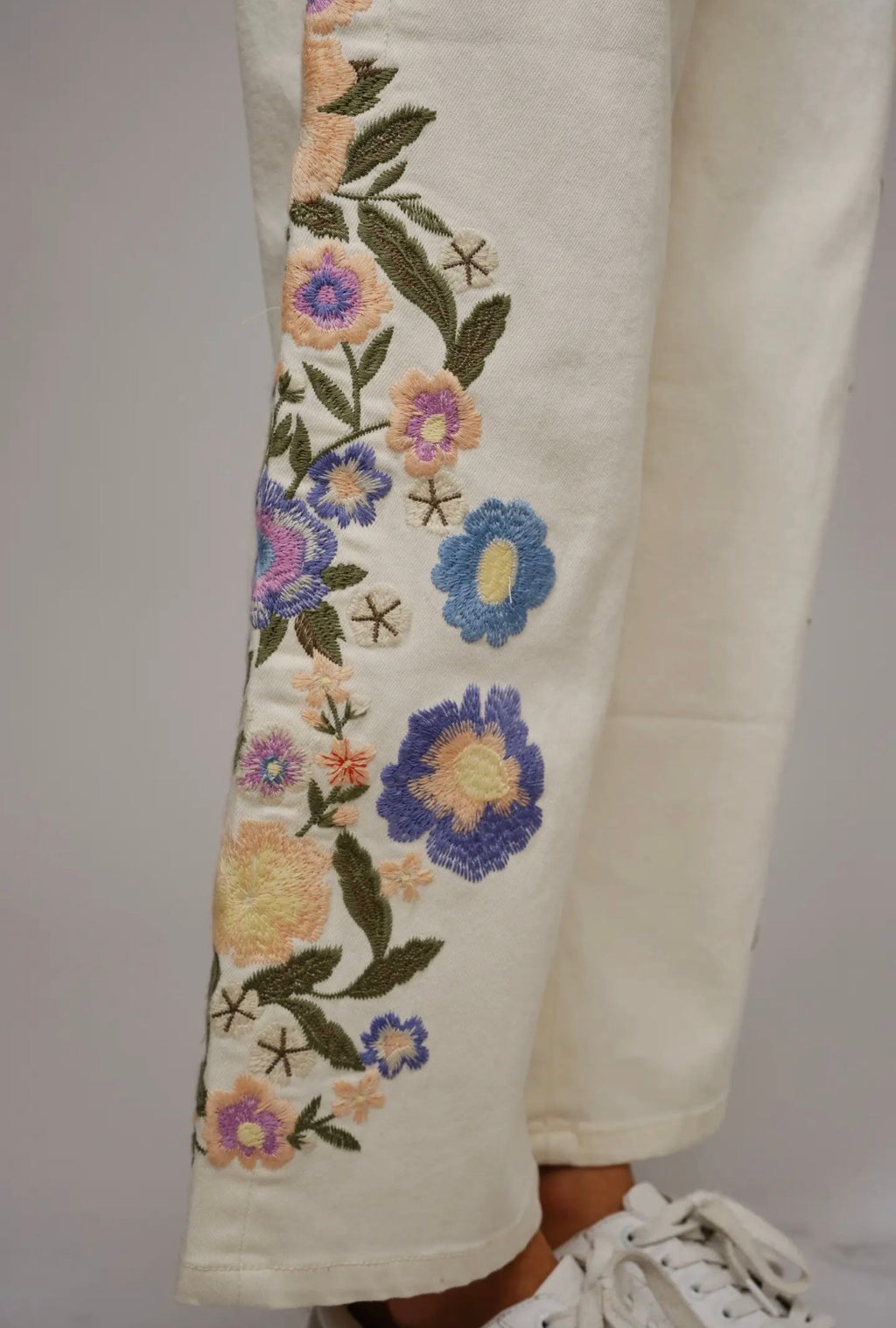 Mid Rise Ivory Denim Embroidered Floral
