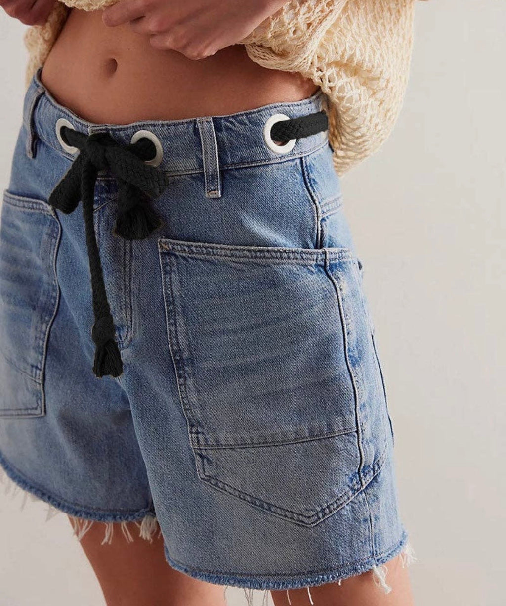 Lace Up Belted Jean Shorts