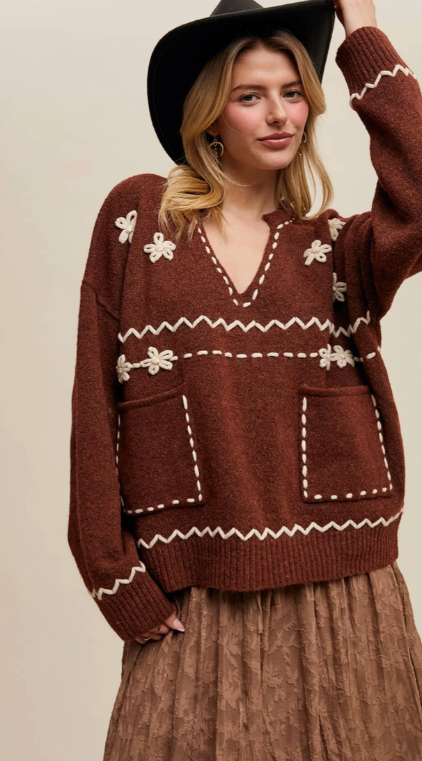 Brown Embroidered Sweater Boutique Cheney Spokane Washington