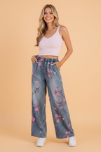Floral Denim Elastic Waist Straight Leg Jeans (online only)