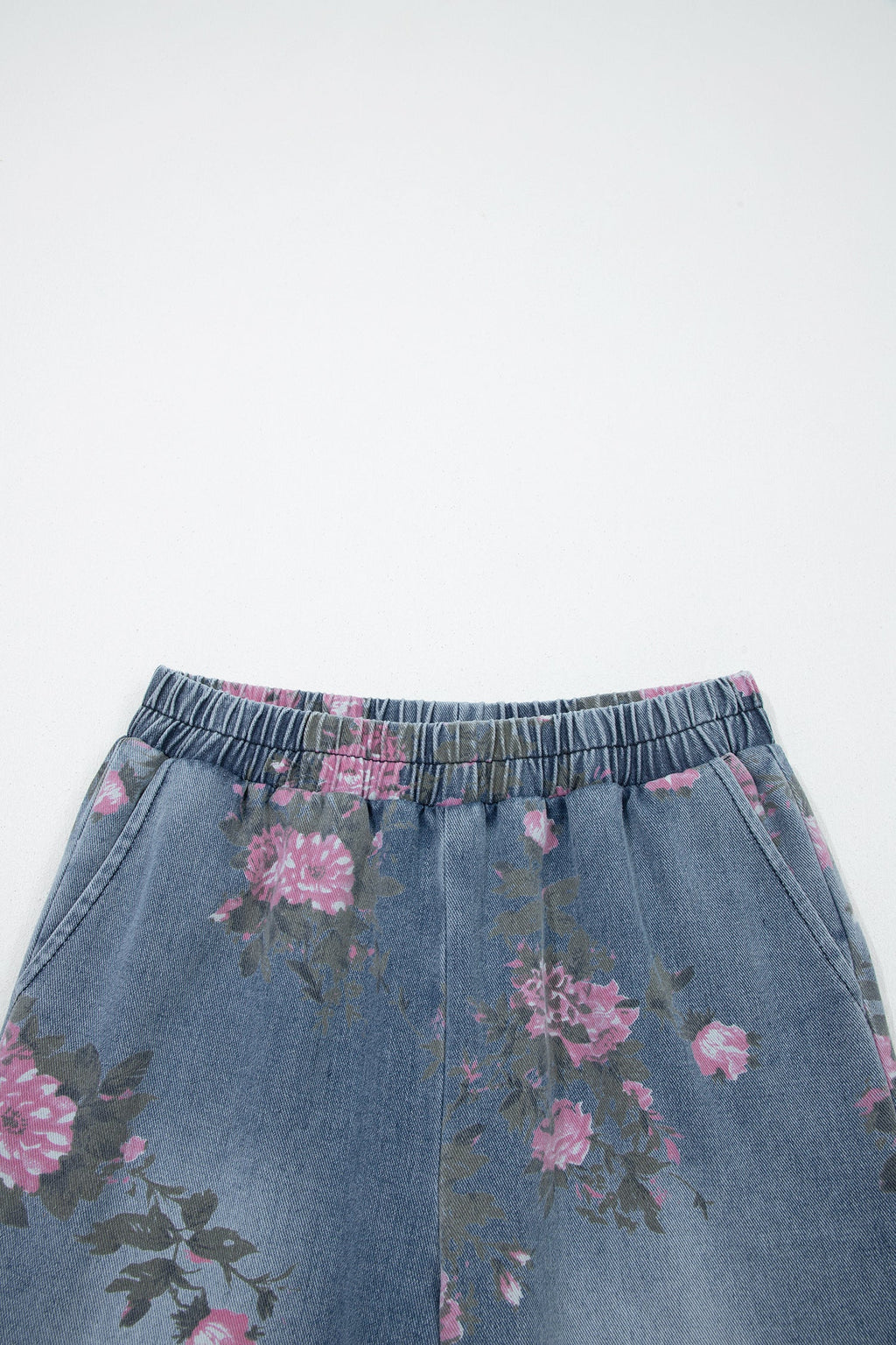 Floral Denim Elastic Waist Straight Leg Jeans (online only)