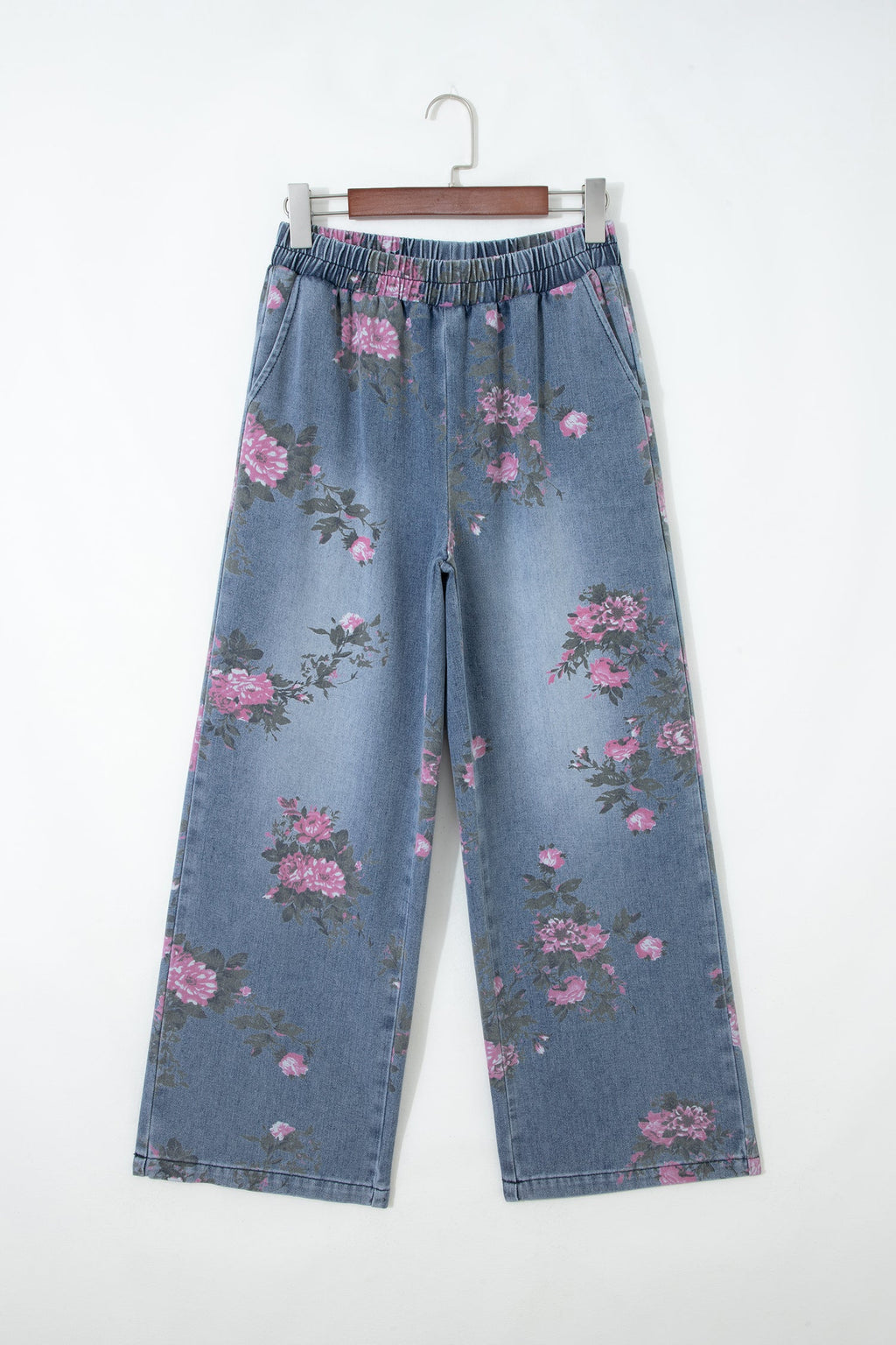 Floral Denim Elastic Waist Straight Leg Jeans (online only)