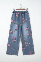 Floral Denim Elastic Waist Straight Leg Jeans (online only)