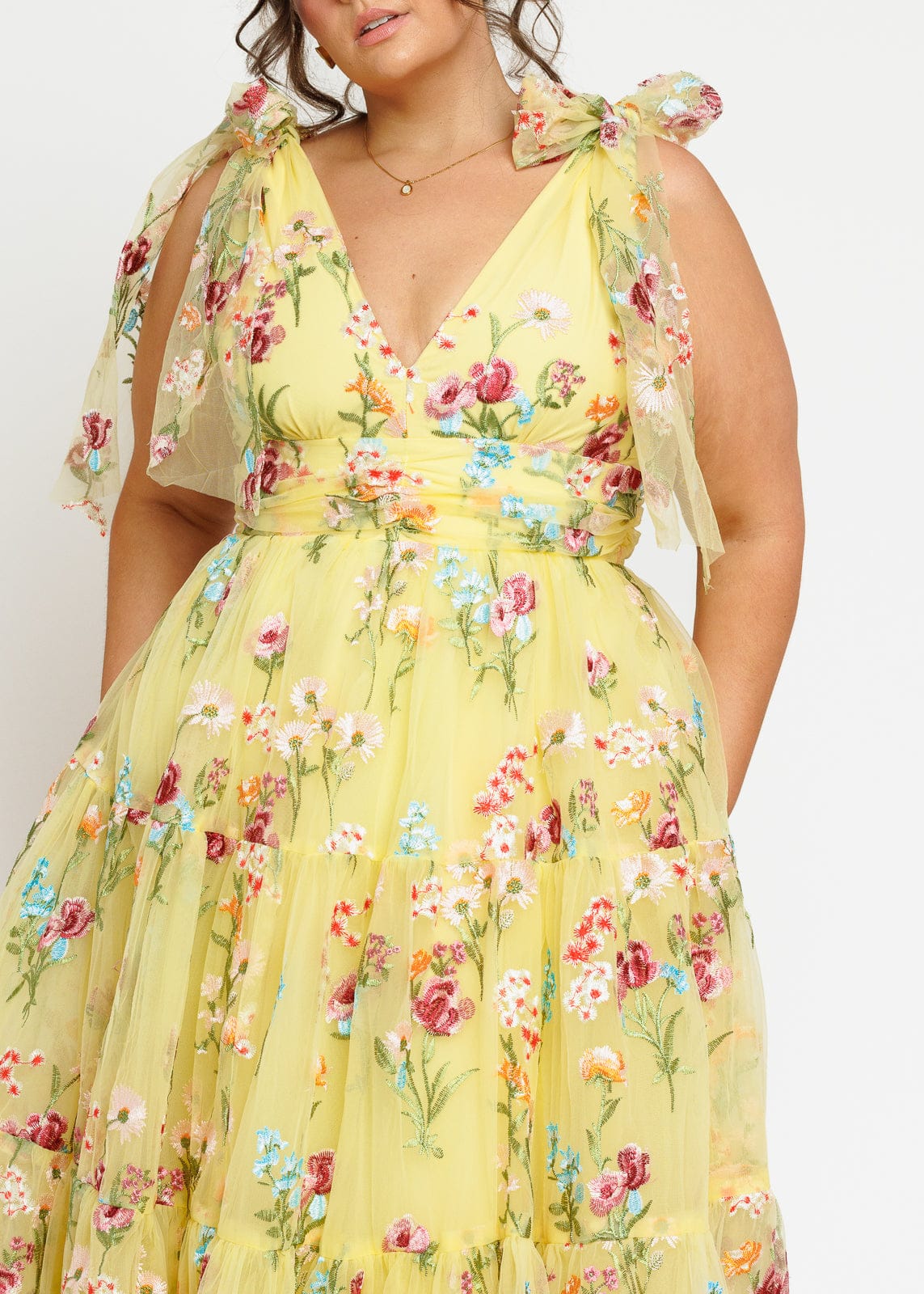 Margaret Floral Embroidered Midi Dress Yellow (online only)