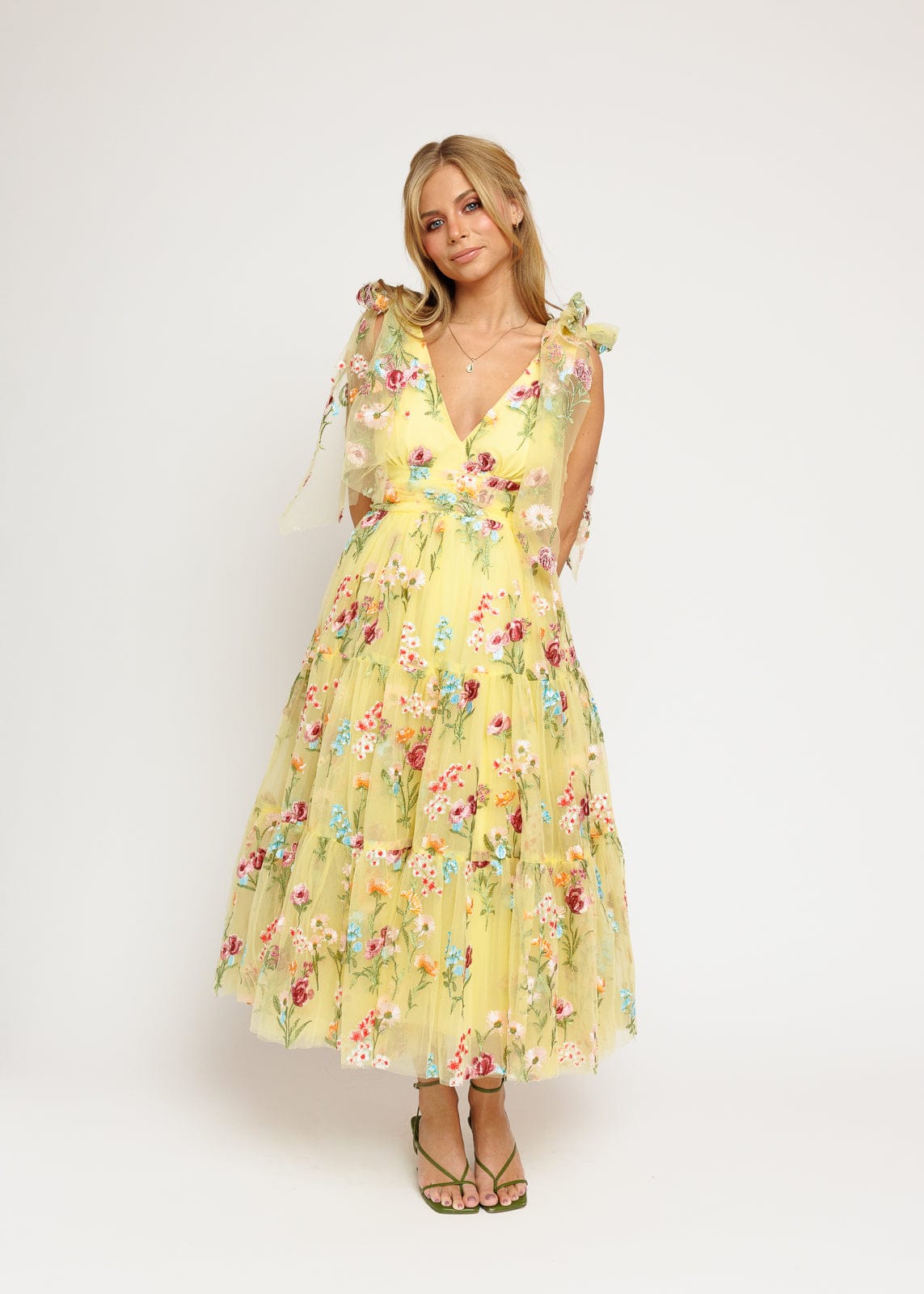 Margaret Floral Embroidered Midi Dress Yellow (online only)