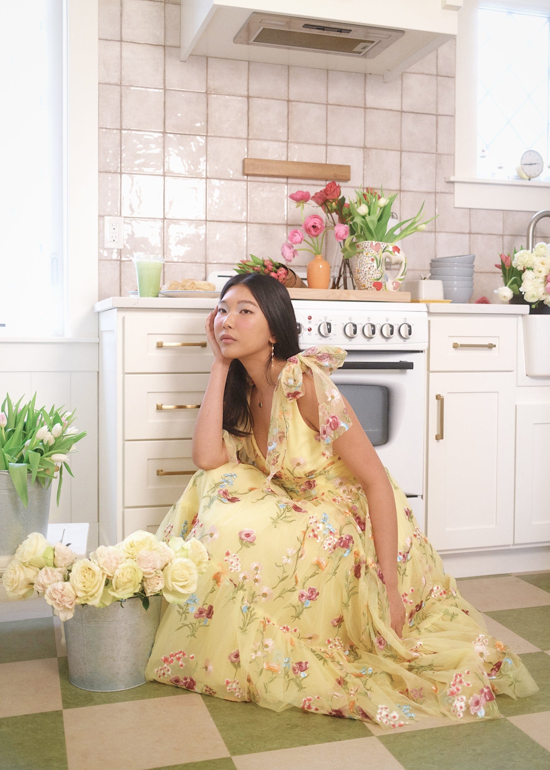 Margaret Floral Embroidered Midi Dress Yellow (online only)