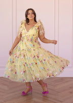 Margaret Floral Embroidered Midi Dress Yellow (online only)